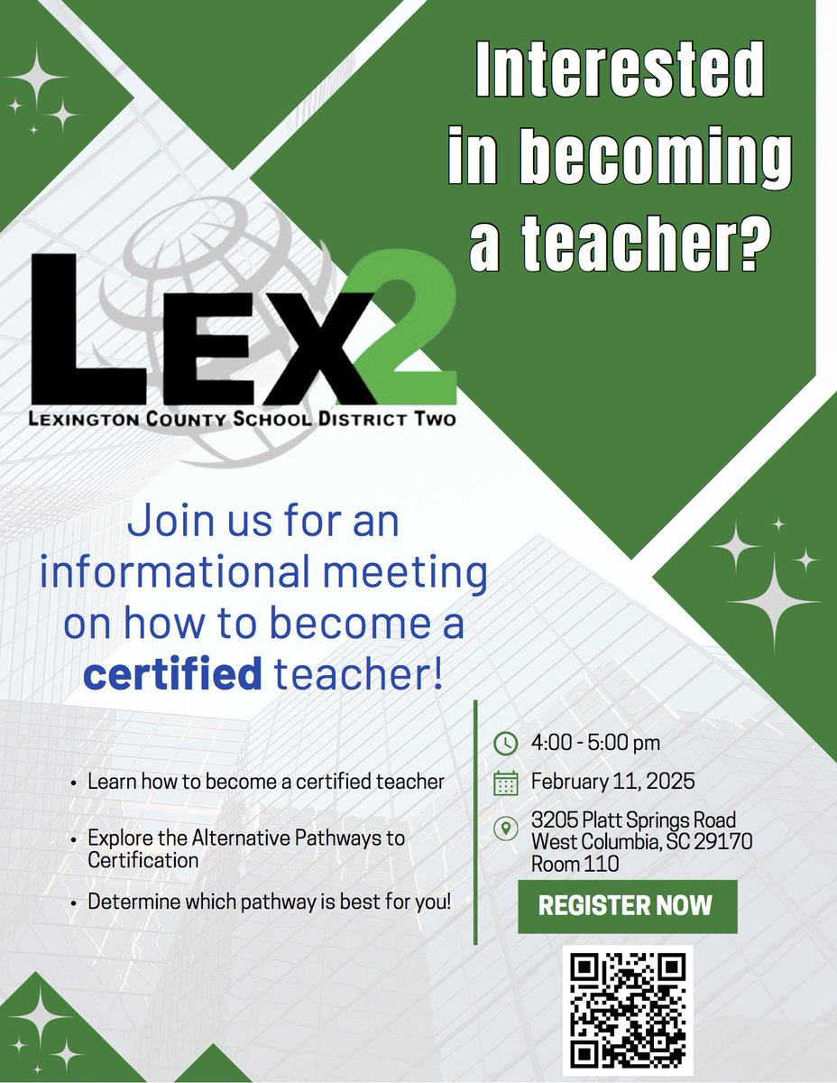 Interested in becoming a teacher? Attend our Feb. 11 informational meeting on alternative certification. Register here: bit.ly/4aEZlNv <a href="/WestColumbiaSC/">City of West Cola</a>  <a href="/CityofCayce/">City of Cayce</a>  <a href="/SpringdaleSC/">Town of Springdale</a>  <a href="/southcongareesc/">South Congaree, SC</a>  <a href="/CountyLex/">County of Lexington, SC</a> #PineRidgeSC #WeAreLex2