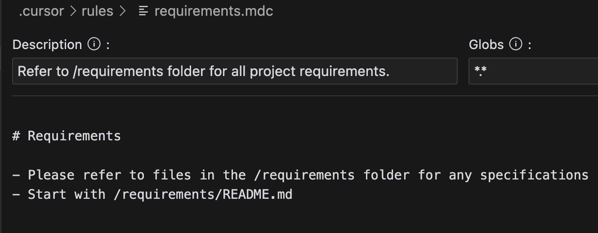 Using cursor? Well, this is certainly useful. Write your requirements in a requirements folder then create a cursor rule to reference them. Very helpful so far.