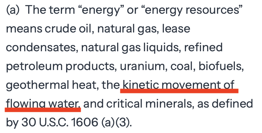 Question pour les experts :
Les droits de douane de 10% sont imposés sur l'"énergie". 
Le terme "énergie" est définie dans un décret signé le 20 janvier et inclut spécifiquement "kinetic movement of flowing water".
On parle bien d’hydroélectricité ici ? 🤔💡