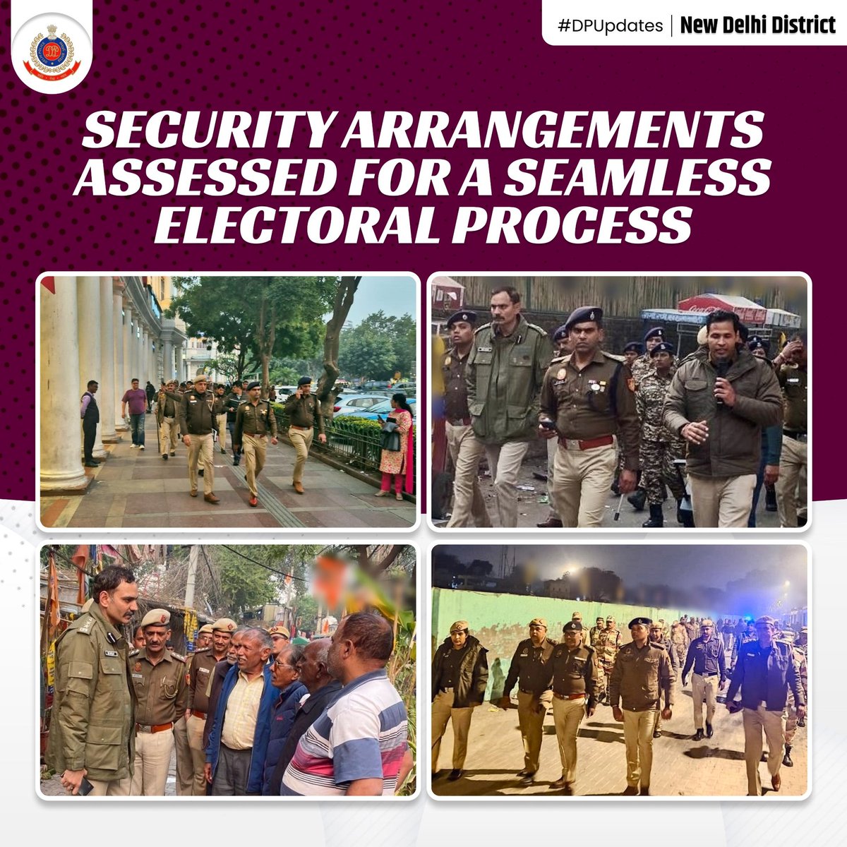 Officers of New Delhi District conducted an on-ground assessment of security arrangements to ensure seamless execution of the Delhi Legislative Assembly Elections. 

#DelhiPolicePrepForPoll 
#PollReadyDelhiPolice
#DelhiPolice4You