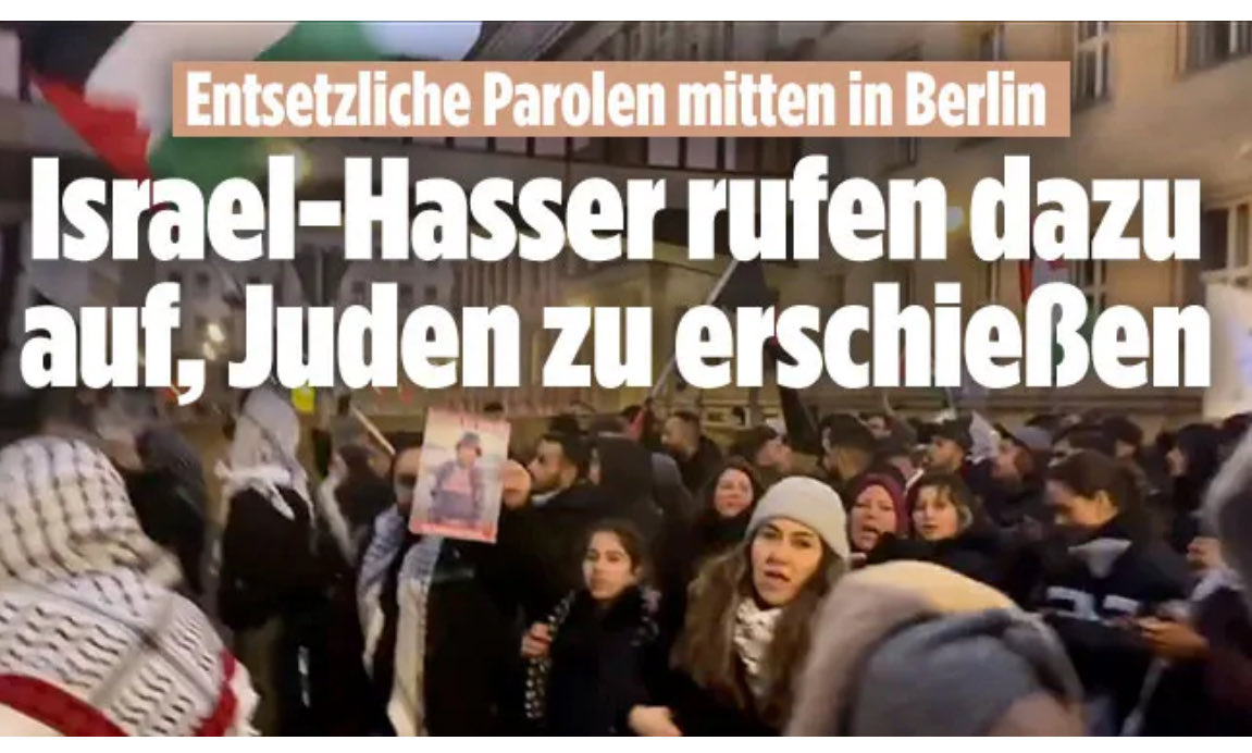 „Tod Israel“-Rufe mitten in Berlin am Samstagnachmittag. Wo ist da der links-grün-woke Mob, wo sind da Sammelaufrufe von empörten Künstlern, wo sind sie die großen Demokratieverteidiger, die Gegendemos „Nie wieder ist jetzt“? Nichts: Ohrenbetäubendes Schweigen, Ihr Heuchler!