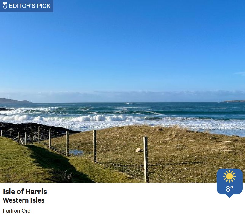 BBCScotWeather's tweet photo. Blue sky and sunshine across the Hebrides and edging in from the west coast into the northwest and west Highlands and Argyll too. Thanks to our #bbcweatherwatchers on North Uist and Harris for these lovely pictures. https://t.co/H66DTiayoN