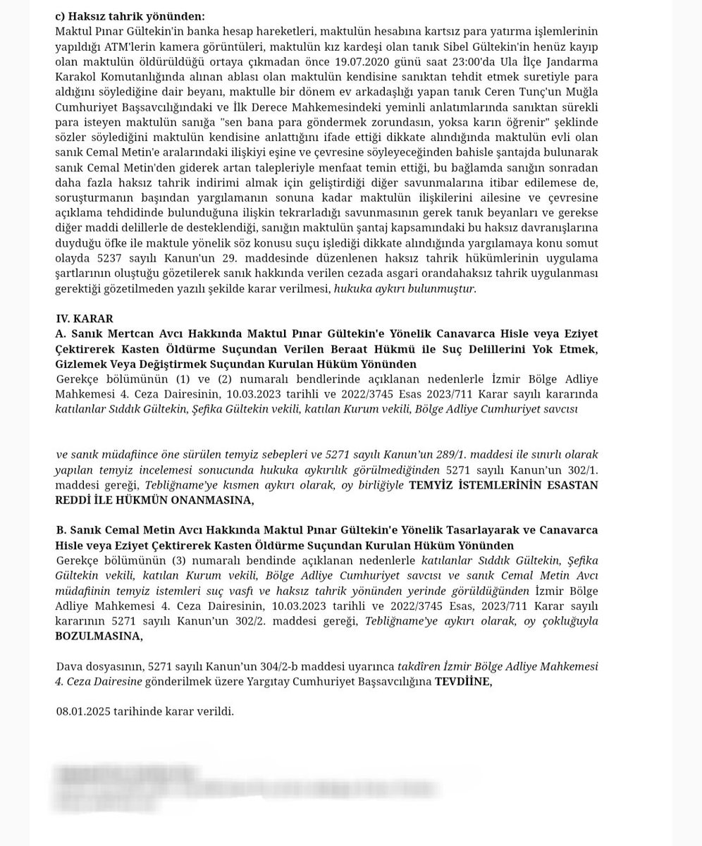 Pınar Gültekin davasında Yargıtay 1. Ceza Dairesi kararının gerekçesi