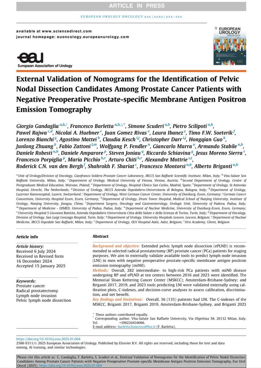 External validation of nomograms for predicting lymph node invasion (LNI) in prostate cancer patients with negative PSMA PET-CT. What did we find? The Briganti 2023 nomogram is the most accurate! 📊✅

🔍 Why does it matter?
Extended pelvic lymph node dissection (ePLND) is the