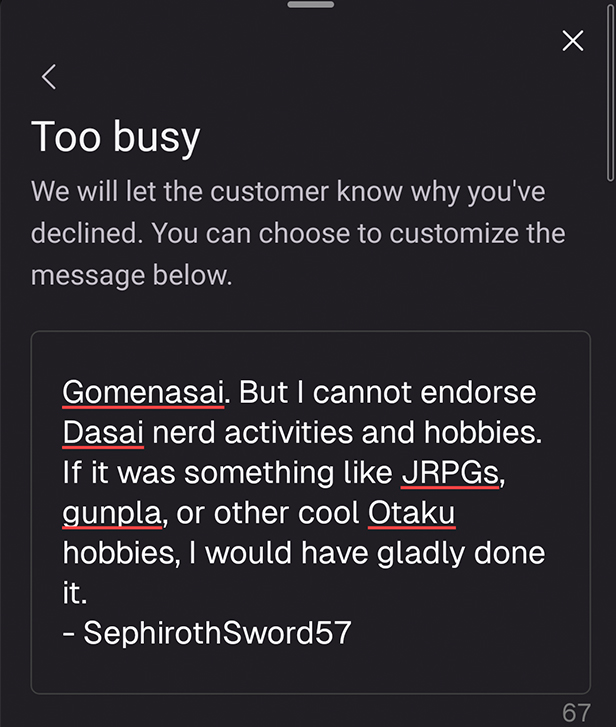 SephirothSword_'s tweet photo. Some of you might not know this so I just want everyone to know

I will decline requests about lame Western nerd stuff like D&amp;D, Star Wars, cartoons, etc.

I have had to decline many requests like this... https://t.co/v8wWbggL3s