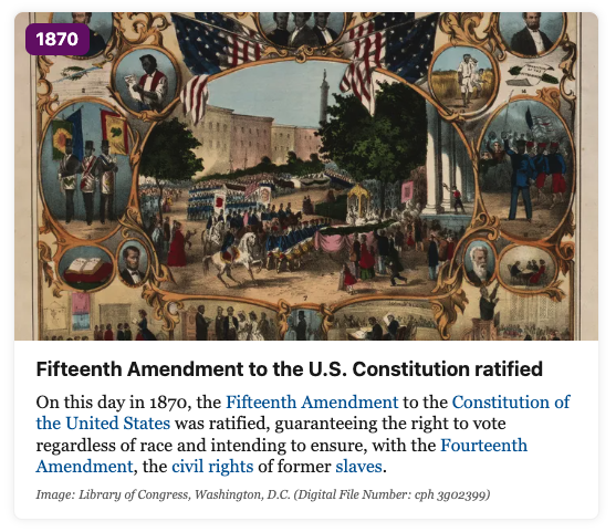 jim_mcgreevey's tweet photo. #OnThisDay, 1870, #FifteenthAmendment to the #Constitution of the #UnitedStates was ratified, guaranteeing the #RightToVote regardless of race &amp; intending to #Ensure, with the Fourteenth Amendment, the #CivilRights of #FormerSlaves.
https://t.co/GkouzE1hRD https://t.co/RlfOvAhNIR