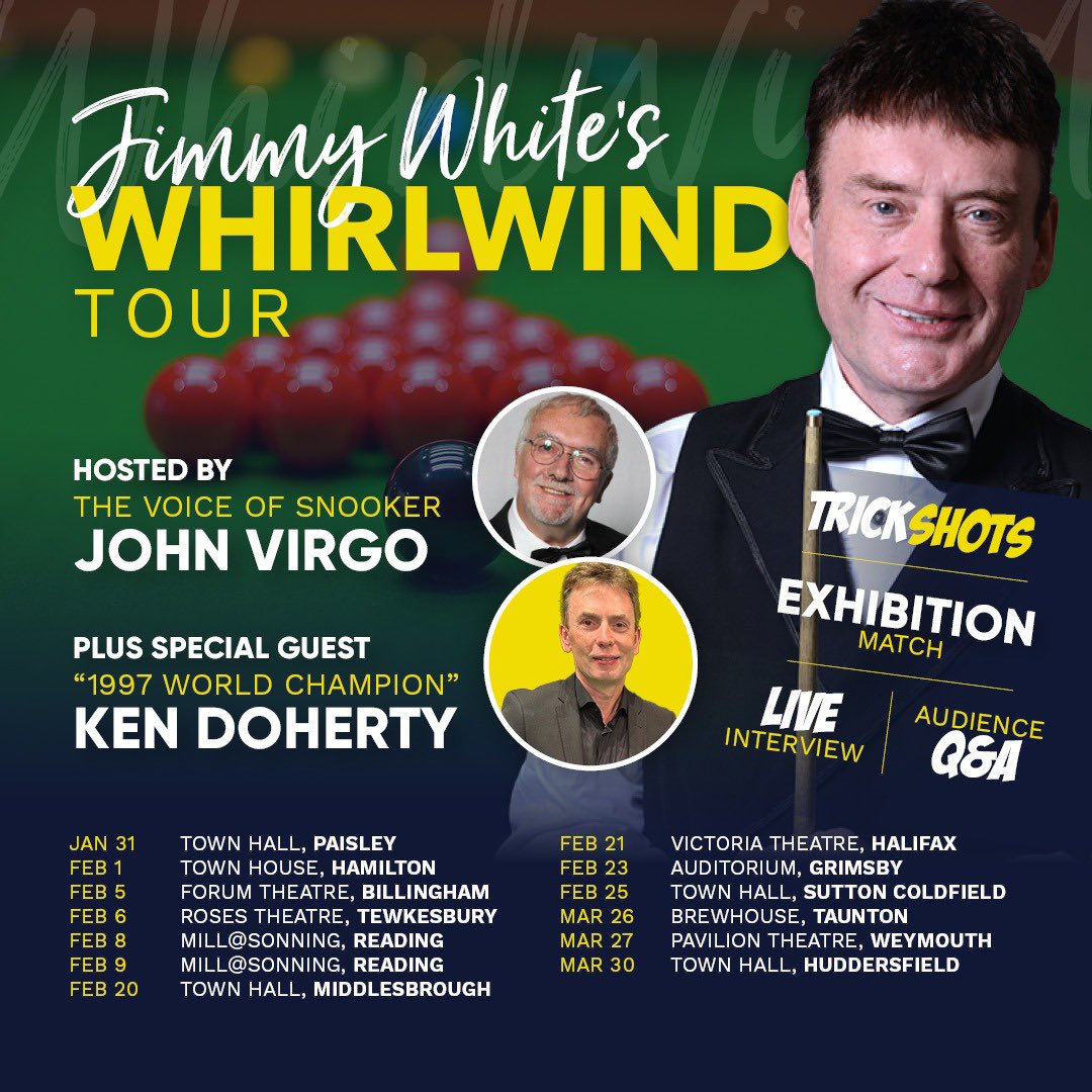 Artistes International Management Ltd. (@artistesintman) on Twitter photo The Jimmy White tour is off to a great start, next stop Billingham and Tewkesbury, special guest Ken Doherty and host and referee John Virgo, this is a night not to be missed. We hope to see you at one of the shows.
<a href="/kendoherty1997/">Ken Doherty Official</a>
<a href="/jimmywhite147/">Jimmy White MBE</a>
<a href="/jvofficialjv/">John Virgo</a>
<a href="/MHMMediaGroup/">Michael Hall Mcpherson</a> The Jimmy White tour is off to a great start, next stop Billingham and Tewkesbury, special guest Ken Doherty and host and referee John Virgo, this is a night not to be missed. We hope to see you at one of the shows.
<a href="/kendoherty1997/">Ken Doherty Official</a>
<a href="/jimmywhite147/">Jimmy White MBE</a>
<a href="/jvofficialjv/">John Virgo</a>
<a href="/MHMMediaGroup/">Michael Hall Mcpherson</a>