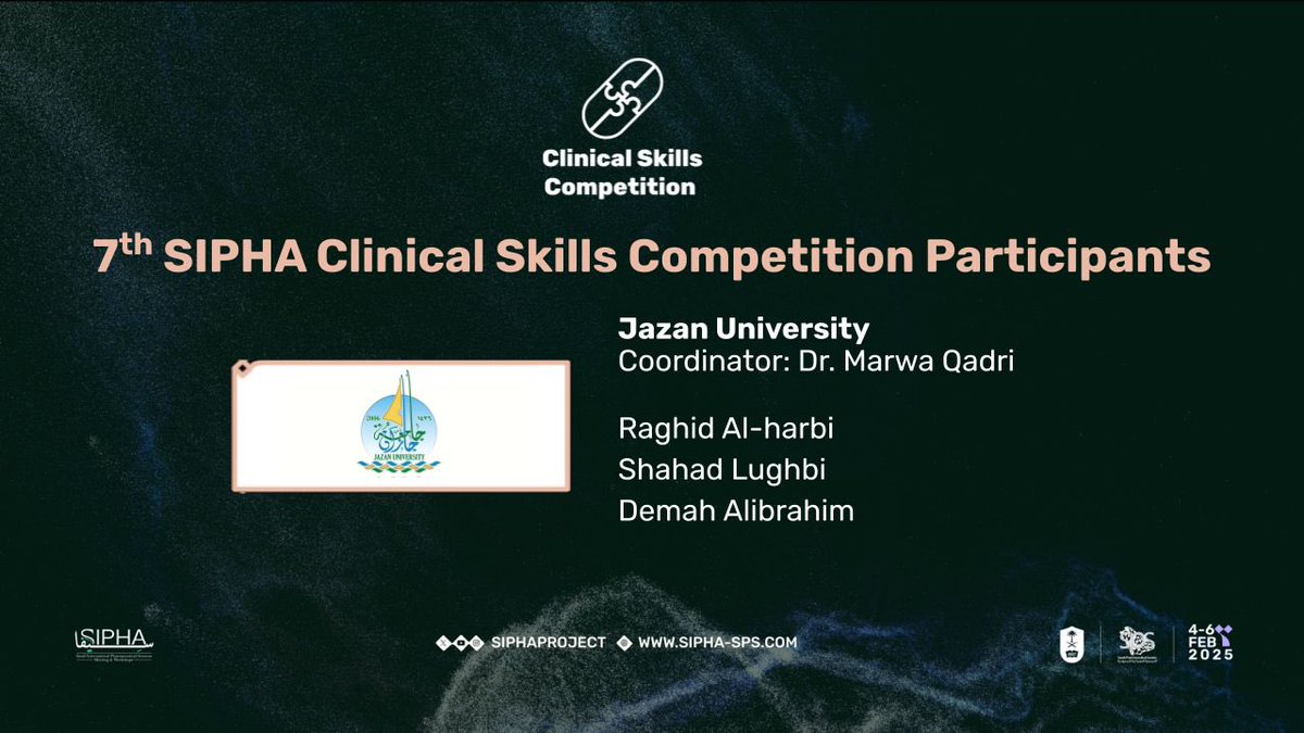 Here we go! Proud to represent my university in the clinical competition with my teammates, Demah and Raghid. We’re ready to give it our all—wish us luck!

#جامعة_جازان 
#SIPHA25