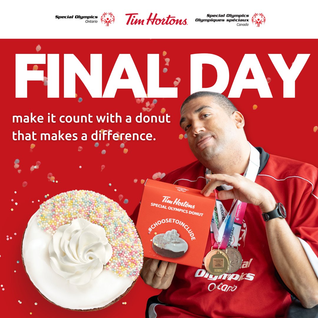 Special Olympics Ontario Unified Champion Schools (@sooschoolchamps) on Twitter photo LAST chance to grab your Special Olympics Donut at <a href="/TimHortons/">Tim Hortons</a>! 🍩
Enter our photo contest for a chance to win a Tims gift card! 📸
Hurry to your local Tims TODAY! Visit soontar.io/tims for all details. #ChooseToInclude <a href="/SpecialOCanada/">Special Olympics Canada</a> LAST chance to grab your Special Olympics Donut at <a href="/TimHortons/">Tim Hortons</a>! 🍩
Enter our photo contest for a chance to win a Tims gift card! 📸
Hurry to your local Tims TODAY! Visit soontar.io/tims for all details. #ChooseToInclude <a href="/SpecialOCanada/">Special Olympics Canada</a>
