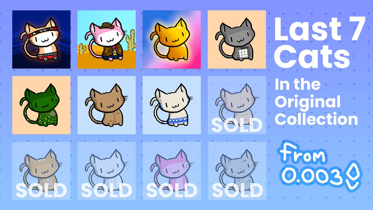 The last 7 Cats in our original collection on <a href="/opensea/">OpenSea</a> , and they're all listed for sale!

Thank you for everyone for your support, and thank you every single one of the cat owners!

Total 111 Cats Owned by 52 Holders

#NFT #NFTCommunity #OpenSeaNFT