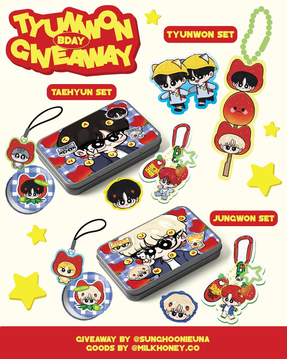 sunghoonieuna's tweet photo. Giveaway Taehyun &amp; Jungwon Bday⭐️🍓🐈

‼️ Indonesia only 🇮🇩

🌟 3 winner
🎁 Taehyun Set (tincase, phonecharm, pin, stickers)
🎁 Jungwon Set (tincase, phonecharm, pin, stickers)
🎁 Tyunwon Set (phonecharm &amp; sticker)

🚫 close 5 februari jam 6 sore

Rules on the thread below⬇️ https://t.co/amu04vtoVV