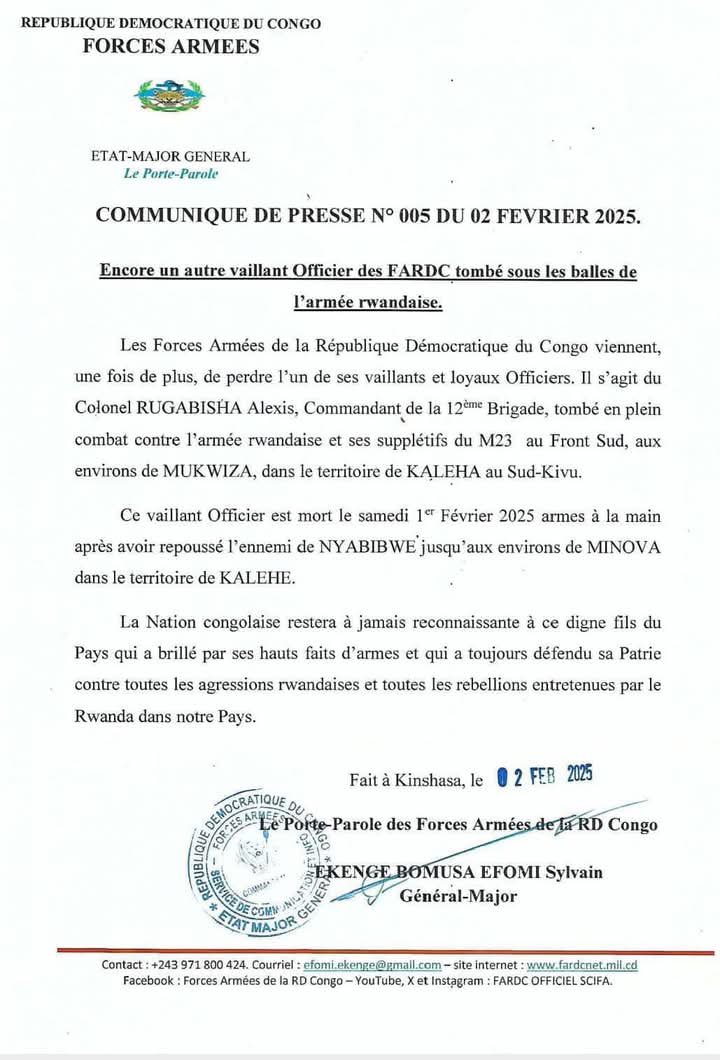 #RDC: Les Forces armées de la République démocratique du Congo (FARDC) ont annoncé, dimanche, la mort aux combats du colonel Alexis Rugabisha qui avait repoussé samedi, une offensive des militaires rwandais de Nyabibwe à Minova, dans la province du Sud-Kivu, dans l'est du pays.