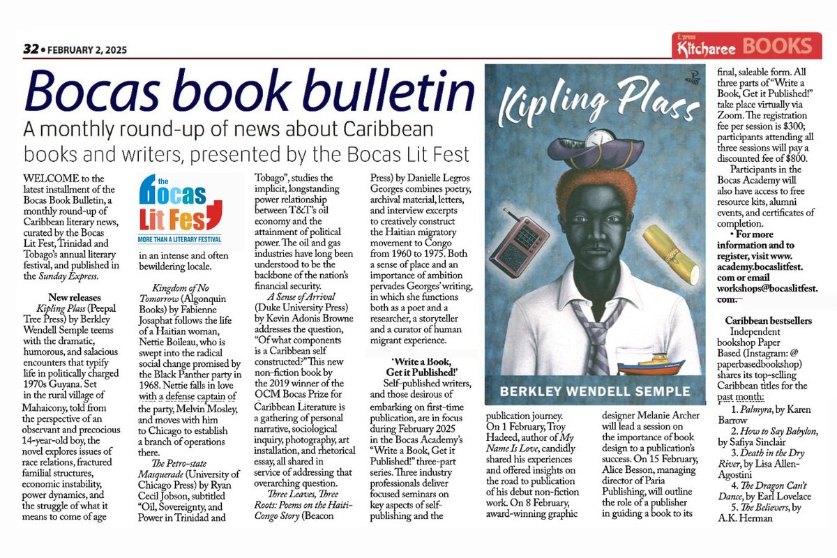 Bocas Lit Fest (@bocaslitfest) on Twitter photo February's Bocas Book Bulletin is out! Featuring new Caribbean releases, what’s coming up at the Bocas Academy, and January’s bestsellers at <a href="/paperbasedbooks/">Paper Based Bookshop</a>: trinidadexpress.com/features/local… #bocas2025 <a href="/expressupdates/">Trinidad and Tobago Express Newspapers</a>
<a href="/fabyjosaphat/">Fabienne Josaphat 🇭🇹</a> <a href="/RyanCecilJobson/">Ryan Cecil Jobson</a> February's Bocas Book Bulletin is out! Featuring new Caribbean releases, what’s coming up at the Bocas Academy, and January’s bestsellers at <a href="/paperbasedbooks/">Paper Based Bookshop</a>: trinidadexpress.com/features/local… #bocas2025 <a href="/expressupdates/">Trinidad and Tobago Express Newspapers</a>
<a href="/fabyjosaphat/">Fabienne Josaphat 🇭🇹</a> <a href="/RyanCecilJobson/">Ryan Cecil Jobson</a>