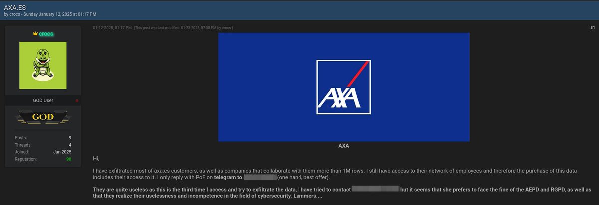A member of the main #databreach forum claim to have leaked data from axa.es. According to the post, the threat actor exfiltrated a database containing more than 1M rows, including personal information, contact details and more.