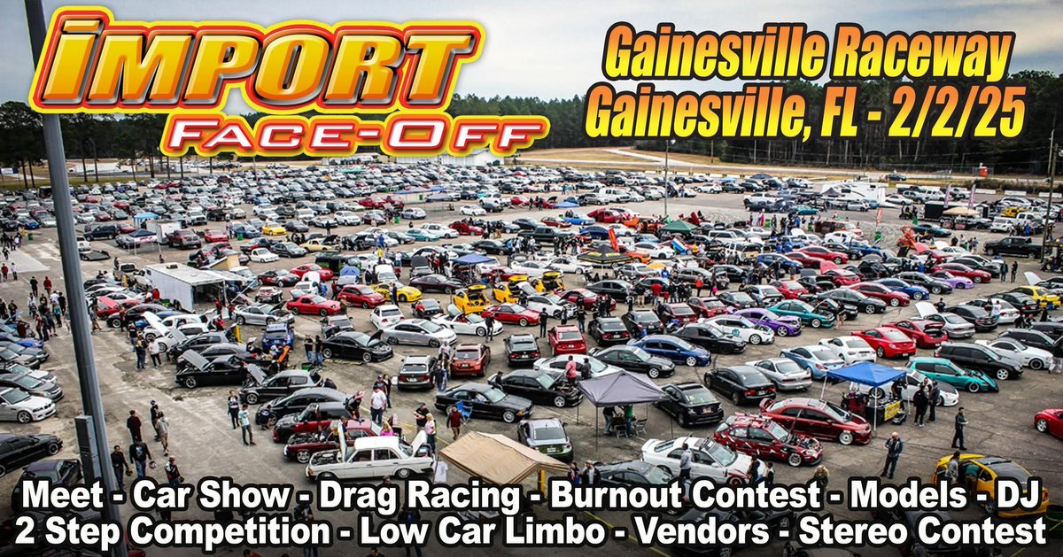 GvilleDragRaces's tweet photo. Import Face-off returns today to Gainesville Raceway with drag racing, import car show, burnout contest and more! 💨🔥

🎟️ will be available at the gate with children 10 and under FREE!
#importfaceoff | #gainesvilleraceway https://t.co/WWkUaWFaL4