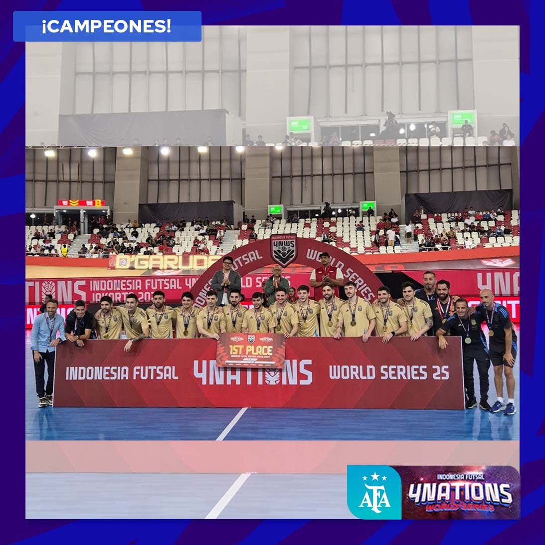 Argentina's tweet photo. #Futsal 🏆Torneo #4Naciones Indonesia 🇮🇩
¡Campeones!
La Selección dirigida por Matías Lucuix se alzó con el título del #4Naciones tras las victorias sobre Arabia Saudita e Indonesia y el empate ante Japón. https://t.co/163VbU2dWV