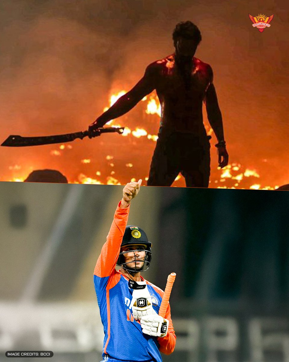 SunRisers's tweet photo. Abhishek Shar-MASS attack + CENTURY idi! 🔥🧡

We repeat, cuz our boy is smashing boundaries on repeat! 🔥🔁

#PlayWithFire | #INDvENG https://t.co/GzIrYbSgLK