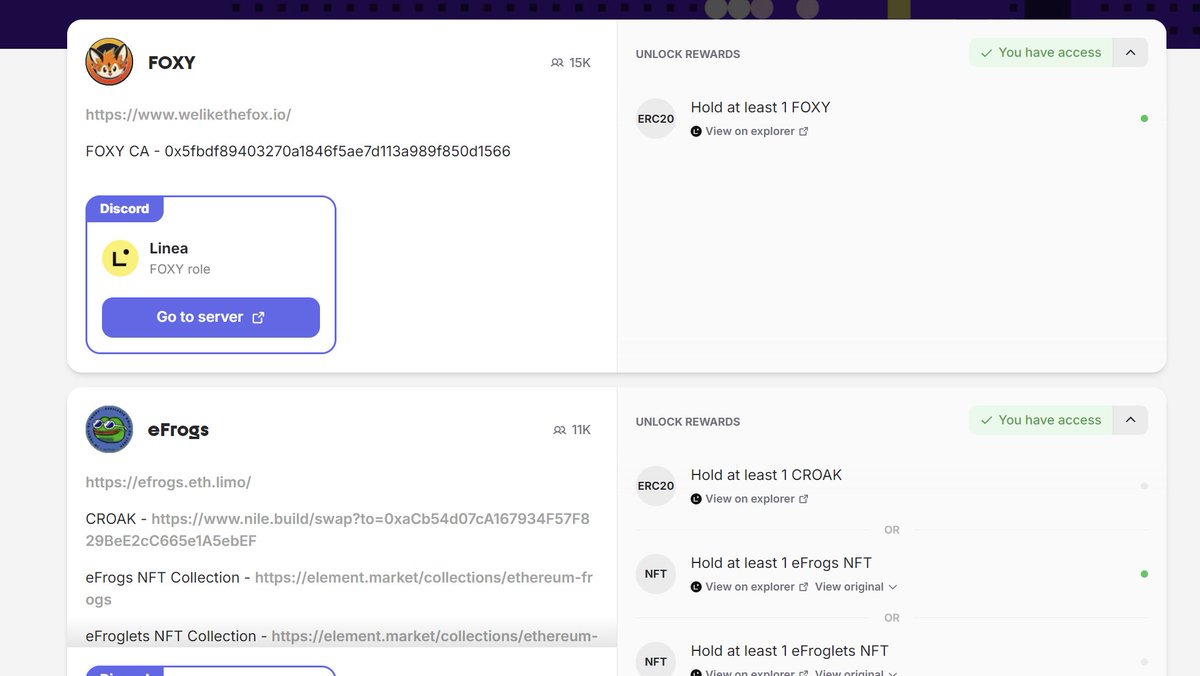 Linea TGE在既，这个工会角色还是尊重下。
可以去弄几个DC角色。有青蛙，MEME的去领，有的成本也很低，有兴趣的搞下可以领。

guild.xyz/linea/memecoin…