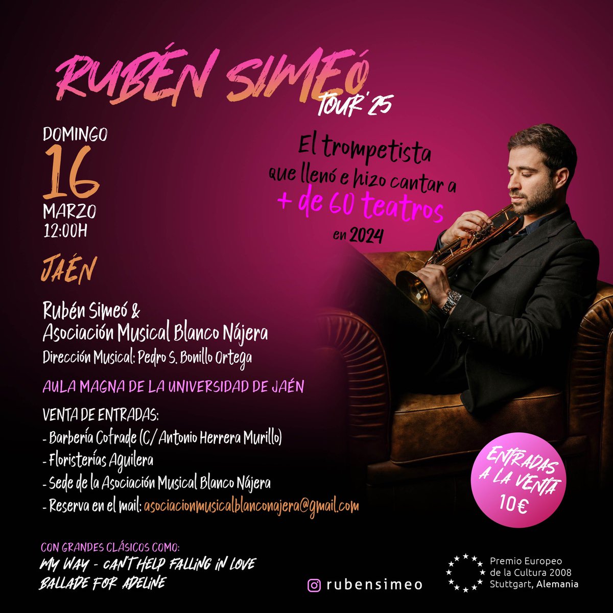 ENTRADAS DISPONIBLES 

Información del próximo concierto junto a <a href="/RubenSimeo/">Ruben Simeo Gijon</a> y nuestra asociación. 

#blanconajera #familiamusical #rubensimeo