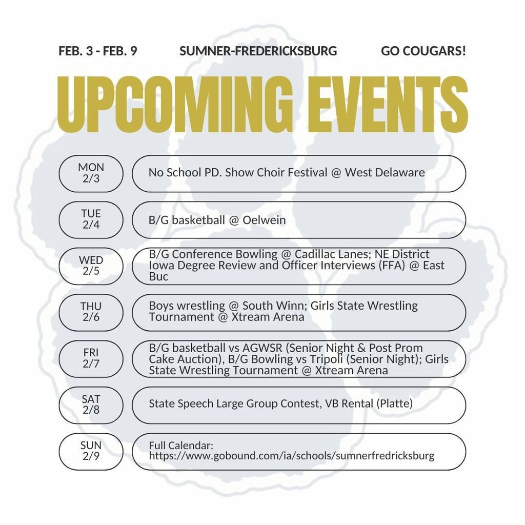 Cougar events the week of Feb. 3, GO COUGARS!  See the full SFHS calendar: at: gobound.com/ia/schools/sum…