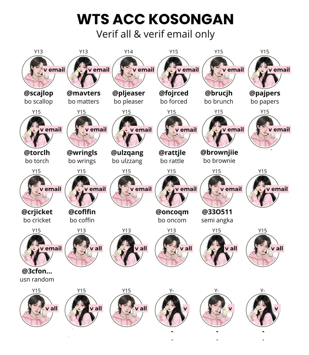 「 🌷ACC KOSONGAN Y14-Y16 🌷」

☆. v all &amp; v email (dom gmail)
☆. go green 
☆. masuk mt only, ht harus dimainin dulu
☆. dapat data email lengkap
☆. usn mulchar

📍 : v-all 10k /acc
        v-email 8k /acc
📩 : DM or tiny.cc/Whatsappyupi

#zonauang