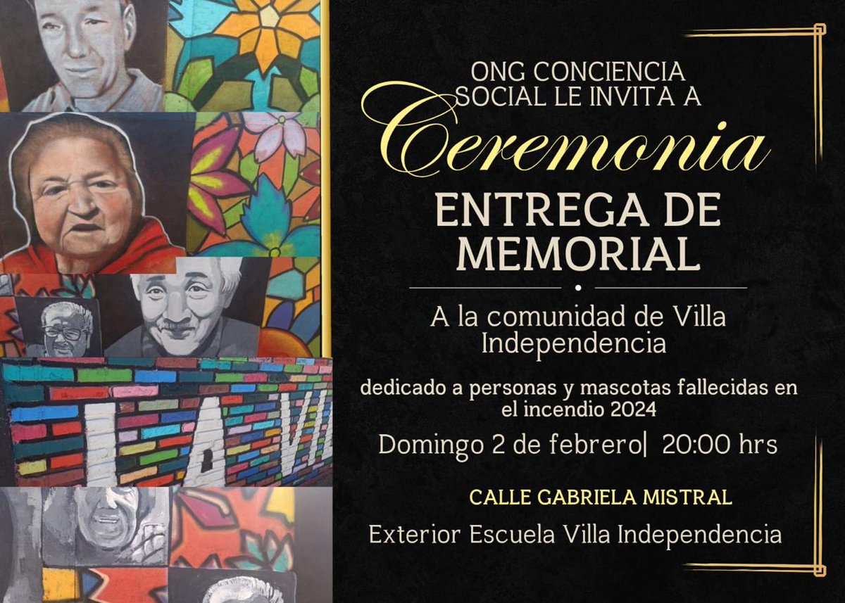Hoy 2 de febrero a las 20.00, ceremonia de entrega del memorial de Villa Independencia dedicado a personas y animales que partieron producto del mega incendio de #viñadelmar .
Les esperamos en el memorial, ubicado en calle Gabriela Mistral, fachada de la Escuela Villa Independen