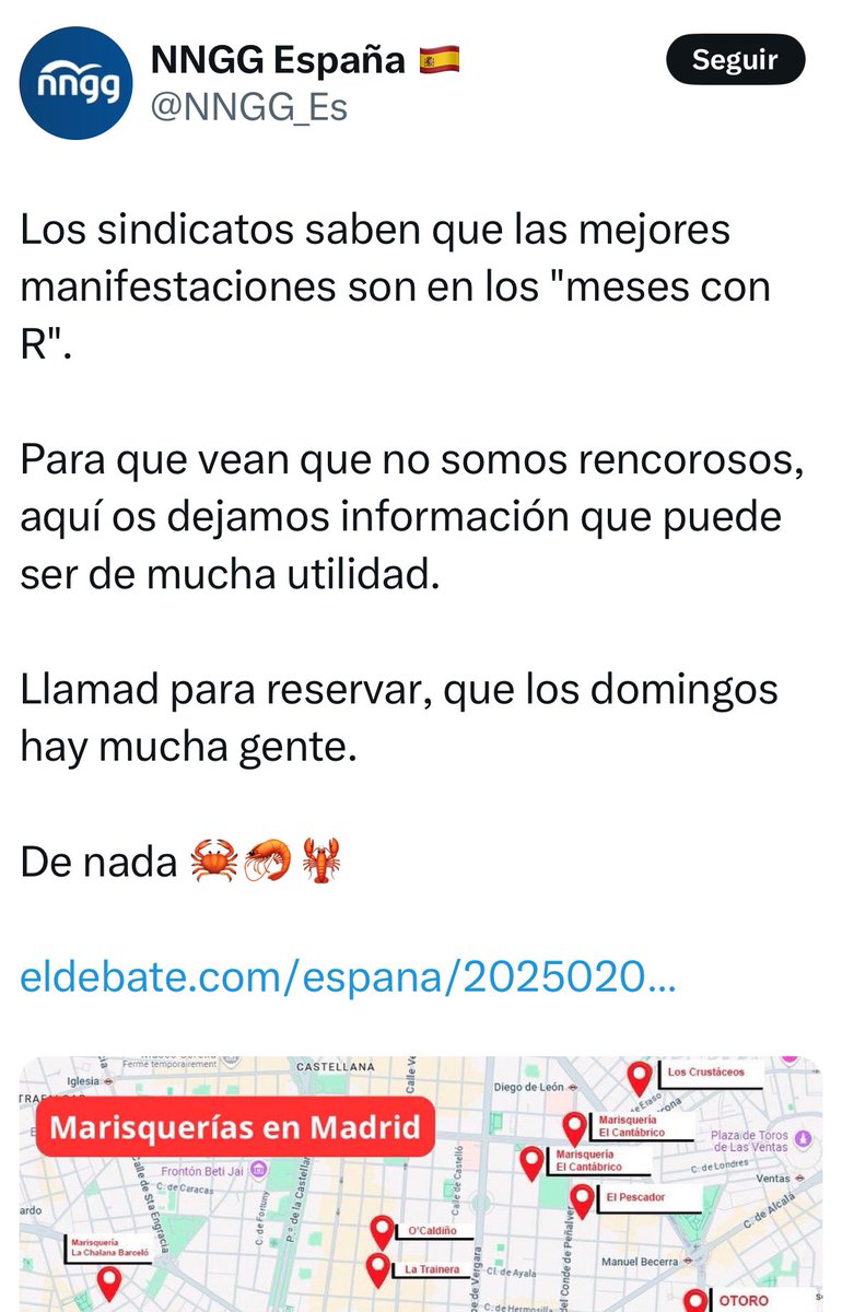 Tan elitistas que piensan que las marisquerías son solo para ellos. Sois cansinos y clasistas a más no poder. #gambasforever <a href="/NNGG_Es/">NNGG España 🇪🇸</a> <a href="/nnggmadrid/">Nuevas Generaciones de Madrid</a> vosotros sois más de “meses con M.R”