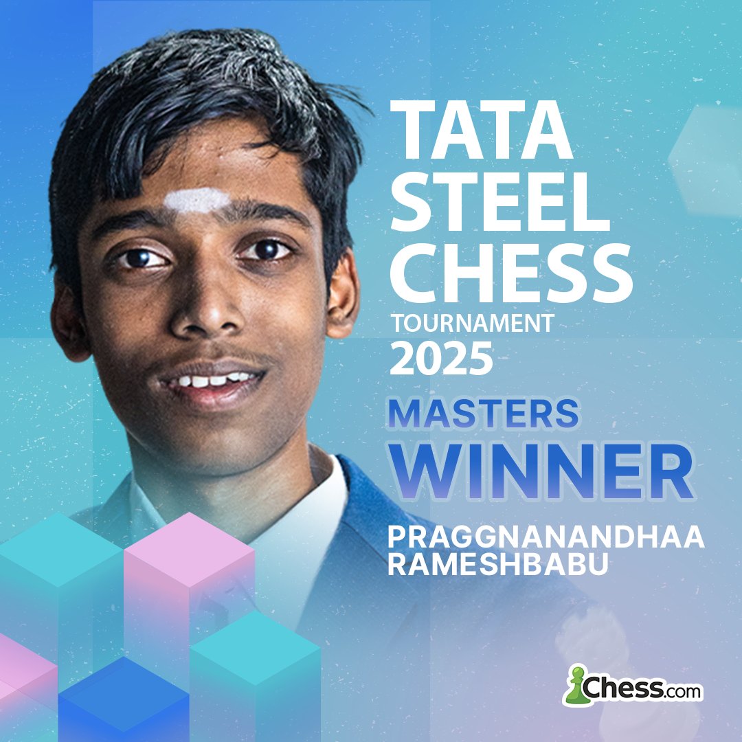 chesscom's tweet photo. PRAGG WINS THE TATA STEEL CHESS MASTERS 🏆

The Indian star clinches his biggest tournament victory by defeating Gukesh in blitz tiebreaks after a crazy final day! 👏