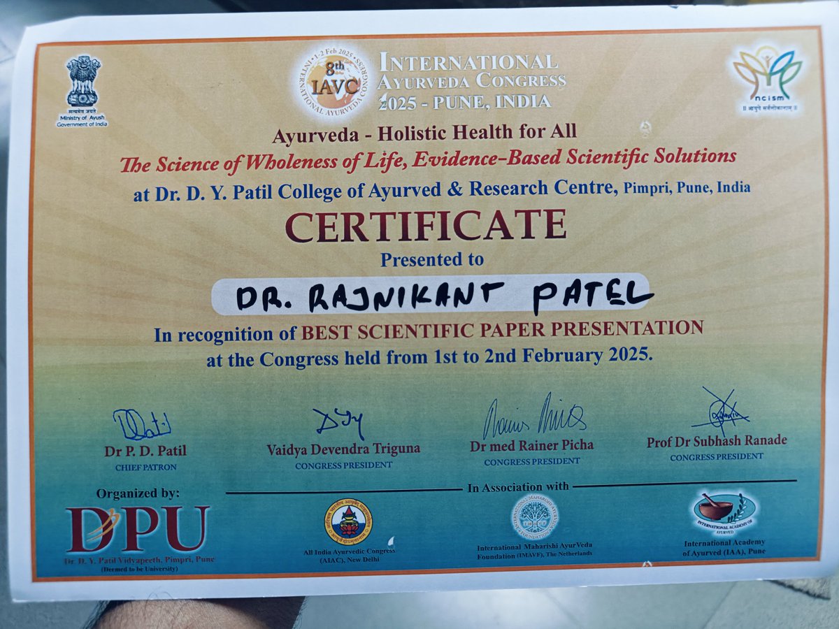 Rajnikant0257's tweet photo. 🌟🏆 BIG WIN for AYURVEDA! 🏆🌟

Thrilled to announce that I have been honored with the Best Research Paper Award at the International Ayurveda Conference 2025, held at DY Patil Vidyapeeth, Pune! 🎉✨

My research on "Stand-alone Ayurvedic Management of Rhino Orbital Mucormycosis – A Case Study" proves that Ayurveda has the power to heal even the most challenging conditions! 🌿🧑‍⚕️

This award is not just a personal achievement but a victory for Ayurveda’s potential in modern healthcare! 🚀💡

🙏 Grateful to my mentors, peers, and everyone who believes in the magic of Ayurveda. Let’s continue revolutionizing healthcare with our ancient wisdom! 🌍✨

🔥 Ayurveda is the future! Are you ready to embrace it? 🔥

#Ayurveda
#ayurvedaforlife
#MedX