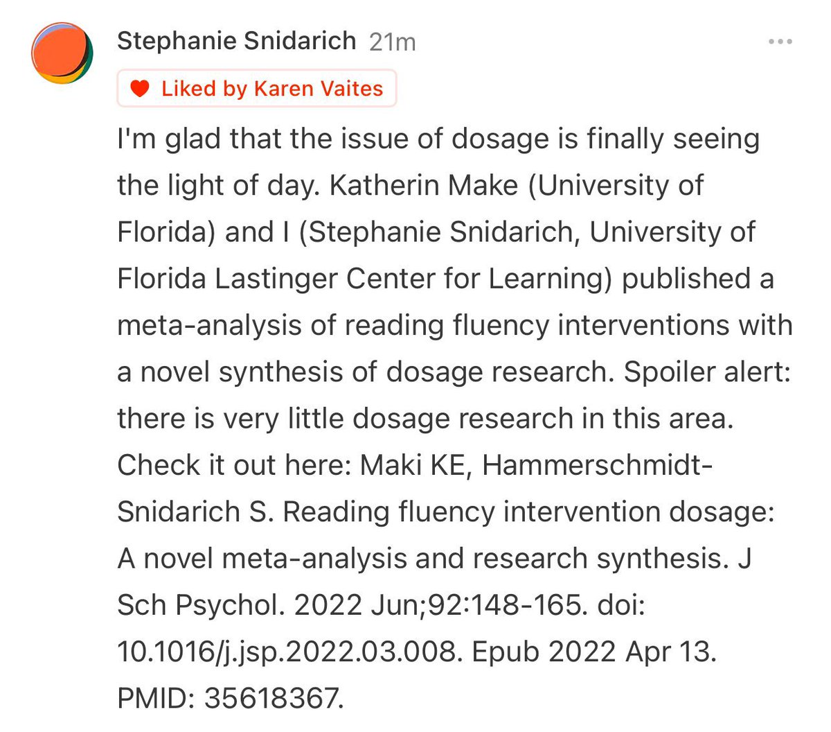 Literacy researcher <a href="/DrStephanieS/">Stephanie Hammerschmidt-Snidarich, Ph.D.</a>  chimed in to say: 

Research is broadly neglecting dosage, too.