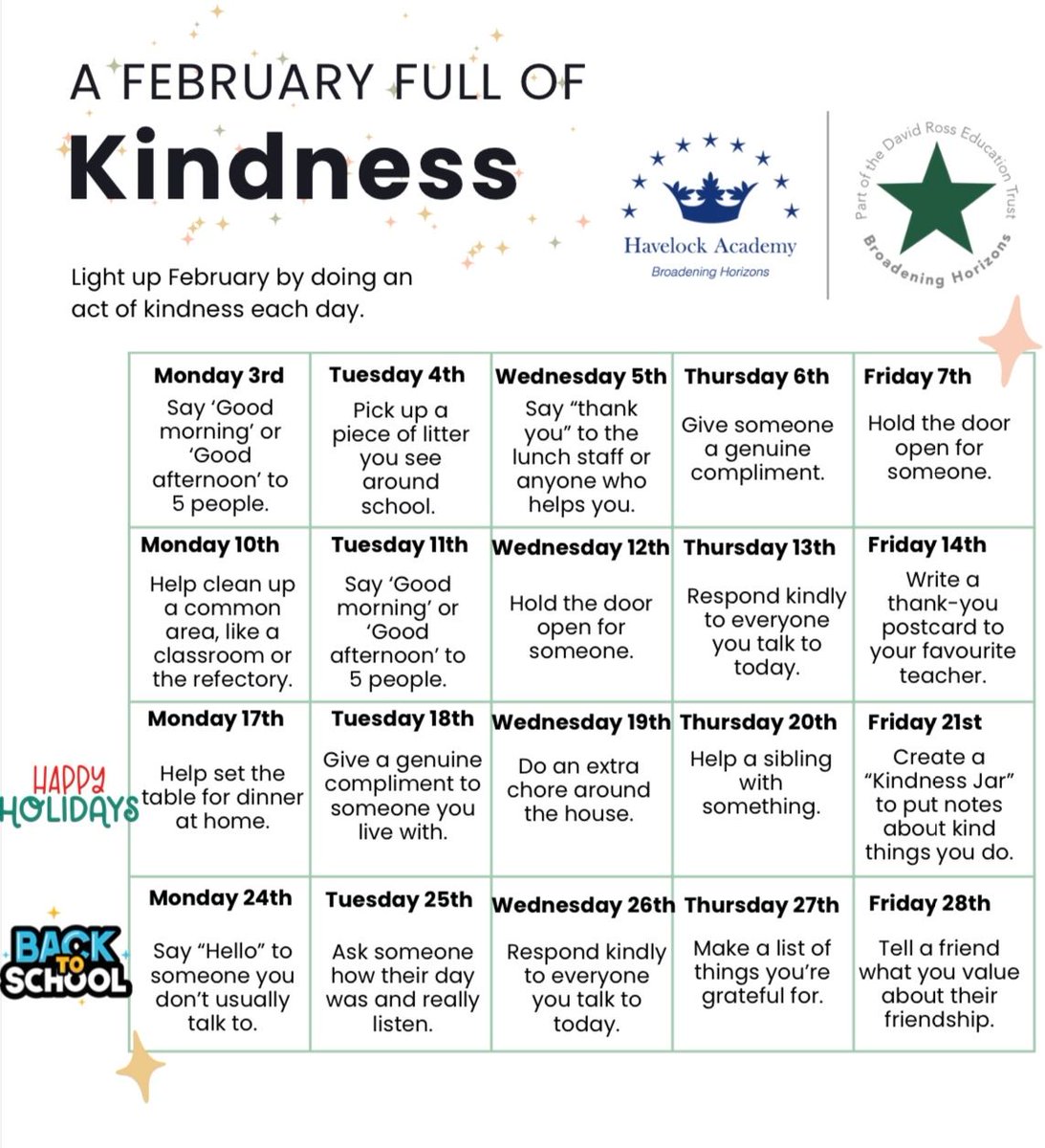 HavelockAcademy's tweet photo. Light up February by doing an act of kindness each day! 🌟💫 https://t.co/vgDoltoosa
