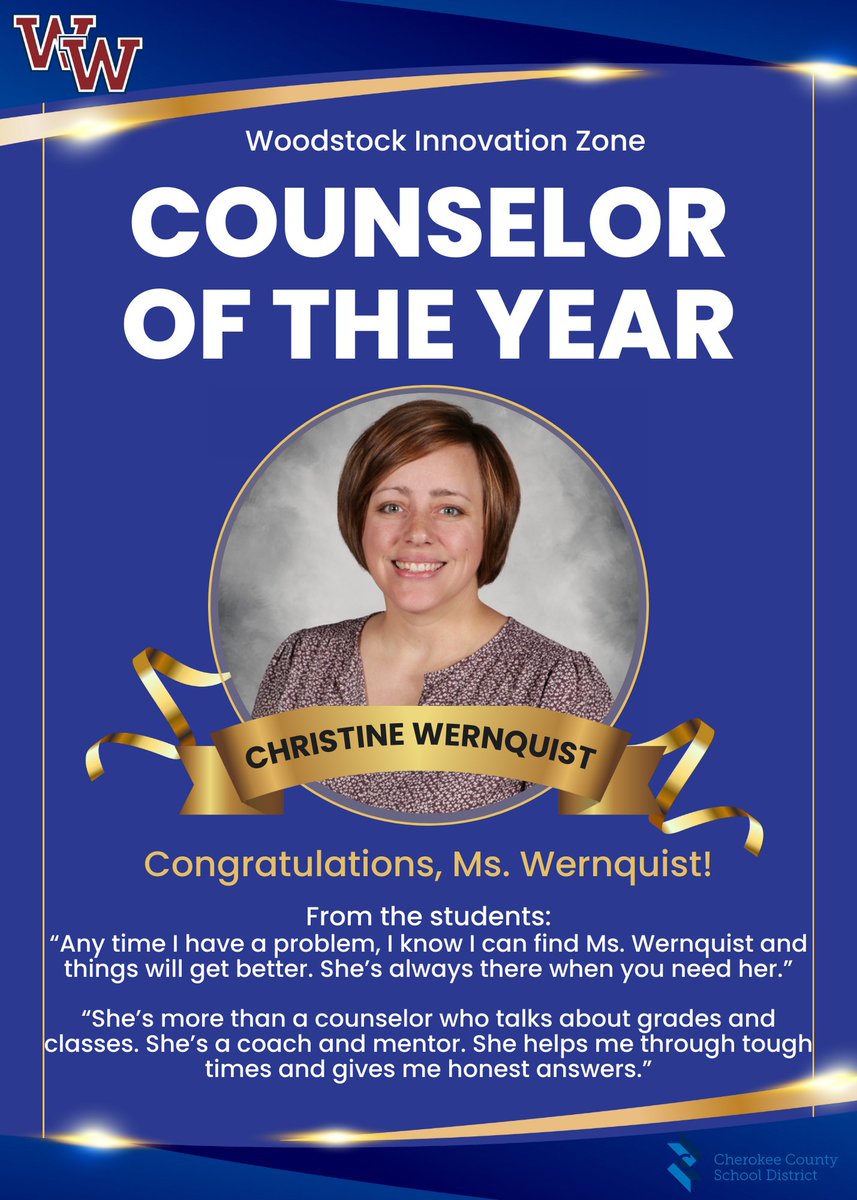 Congratulations to Ms. Christine Wernquist, 2025 Woodstock Innovation Zone Counselor of the Year! Ms. Wernquist, @ WHS since 2021, works to assist almost 500 students on their journey through high school. We're so proud of the dedication you show to all of our people! #1Woodstock