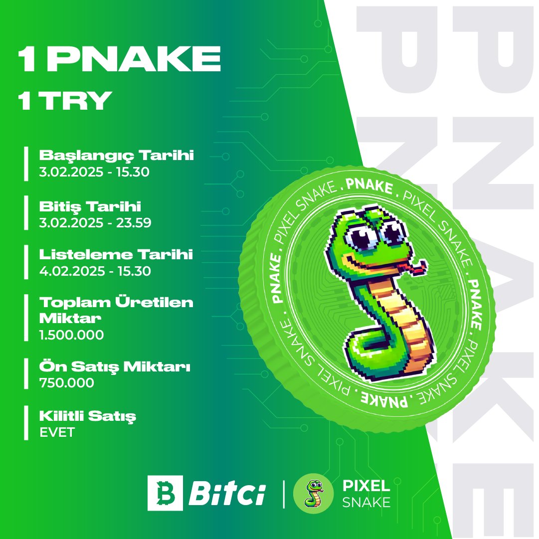 safebitcom's tweet photo. 📢 Bitci'den Yeni Ön Satış!
Solana ağında üretilen Pixel Snake (PNAKE) ön satışı yarın 15:30'da başlıyor! 🐍
💰 1 $PNAKE 1 TRY'den satışa sunulacaktır.
🔒 Kilitli Satış
🔸 Ön satış da 3 Şubat saat 15:30'da başlayıp, 3 Şubat saat 23:59'da sona erecektir.
🗓️ $PNAKE Listeleme Tarihi: 04.02.2025 16:00
✅ 1.500.000 adet üretilen $PNAKE'in 750.000 adeti ön satışta sunulacaktır.
🔓 Ön satışta kişi başı minimum alım miktarı minimum 1000 TRY veya değerinde USDT olup, maximum alım miktarı ise bulunmamaktadır.
💵 Ön satışlara TRY veya USDT ile katılım sağlayabilirsiniz.
🔐 Ön satış kilitli olarak gerçekleştirilecek olup, listeleme günü %25i dolaşımda olacaktır.
#Bitci #BitciZone #PixelSnake $PNAKE
