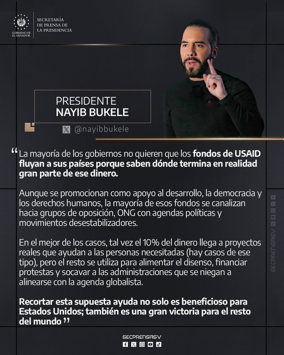#USAID | El Presidente <a href="/nayibbukele/">Nayib Bukele</a> aseguró que la decisión del gobierno del presidente estadounidense, <a href="/realDonaldTrump/">Donald J. Trump</a>, de suspender la ayuda que brinda a través de USAID a distintos países "no solo es beneficioso para Estados Unidos; también es una gran victoria para el resto