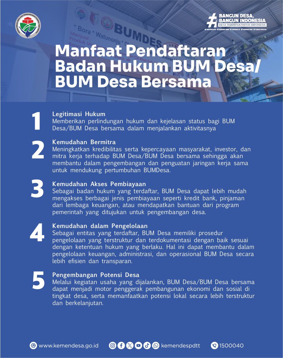 Bagi #SobatDesa yang masih bingung soal tata cara pendaftaran, ketentuan dan manfaat Badan Hukum BUM Desa/BUM Desa Bersama, mindes spill yaa di postingan kali ini! Yuk mari kita simak✨

#KemendesPDT
#BangunDesaBangunIndonesia
#BUMDesa/BUMDesaBersama