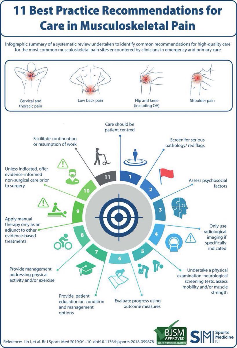 Best practice recommendations for musculoskeletal pain

✅patient-centred
✅screen for red flags
✅psychological assessment
✅imaging only if indicated
✅physical/neuro examination
✅monitor outcome
✅patient education
✅promote exercise
✅evidence-based

bjsm.bmj.com/content/53/19/…
