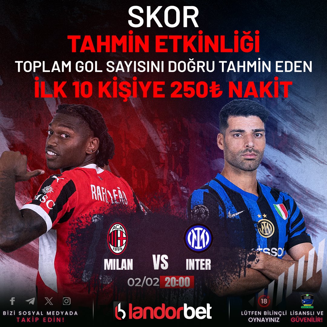🇹🇷 Serie A Lig heyecanında #Landorbet'te kazanç sınırı yok!

🔴 MILAN 🆚 INTER 🔵

💵 Della Madonnina derbisinin toplam gol sayısını doğru tahmin et, 250₺ Nakit kazanma şansını yakala!

✅ Takip et, Tahminini bırakıp #Landorbet tagi ile yoruma 2 arkadaşını etiketle!