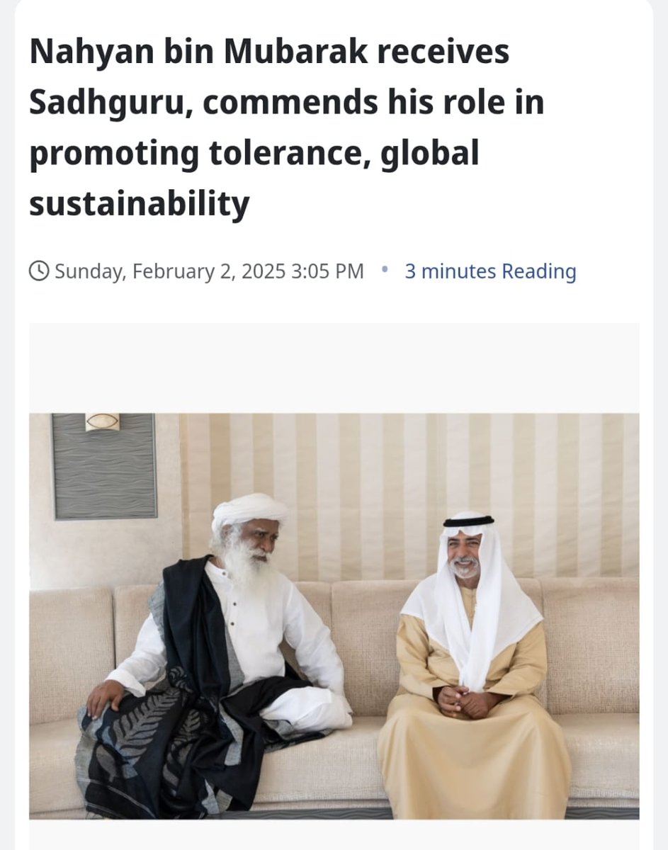 SadhguruJV's tweet photo. Wonderful to reconnect with Sheikh Nahyan, who embodies the spirit of UAE—honouring its culture and traditions while welcoming everyone, irrespective of culture, beliefs, or identities. A truly wise way of governing a nation. From being a global economic hub, UAE is also evolving into a hub for global inclusivity. -Sg
