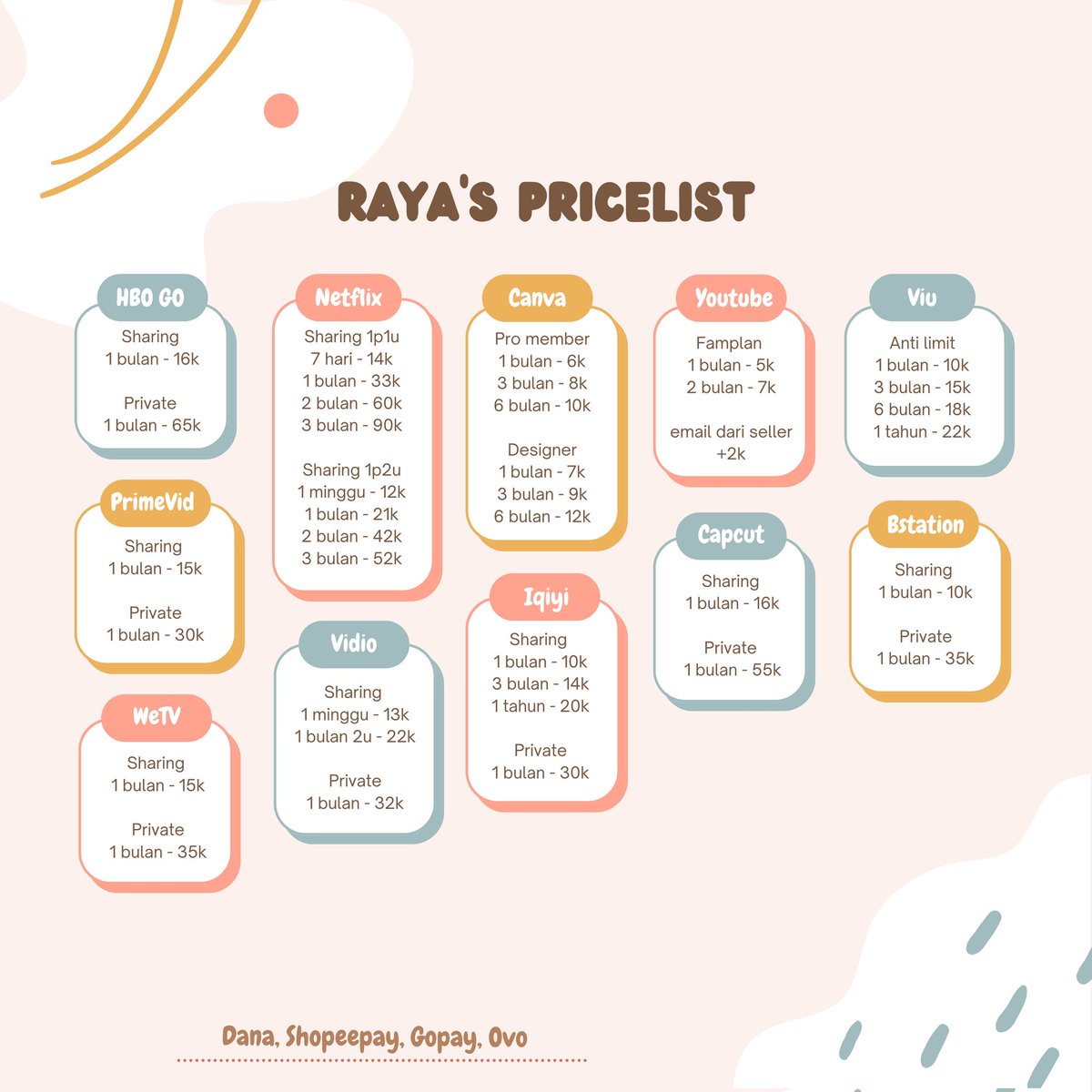 thisraya's tweet image. 💭⸙‌ raya's app prem pricelist 𓍯   𓂃𓈒

✎ 100% trusted
✎ 100++ testi
✎ harga bisa berubah kapan saja
✎ payment : dana, ovo, gopay, shopeepay
✎ fast resp silakan chat wa wa.me/+6285753706646

#zonauang #zonajajan #zonaba
