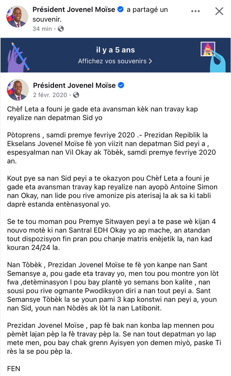 jovenelarchives's tweet photo. Yon 2 février 2020, 5 lane aprè ! 

Prezidan Jovenel Moïse tap mennen yon konba pou lajan leta pèp la fè travay pèp la, li te kwè ke wout, dlo, limyè se premye eleman pou n rive sou chimen devlopman. Vizyon prezidan an pap peri ! Fòk batay la kontinye. https://t.co/bdysfhlSIm