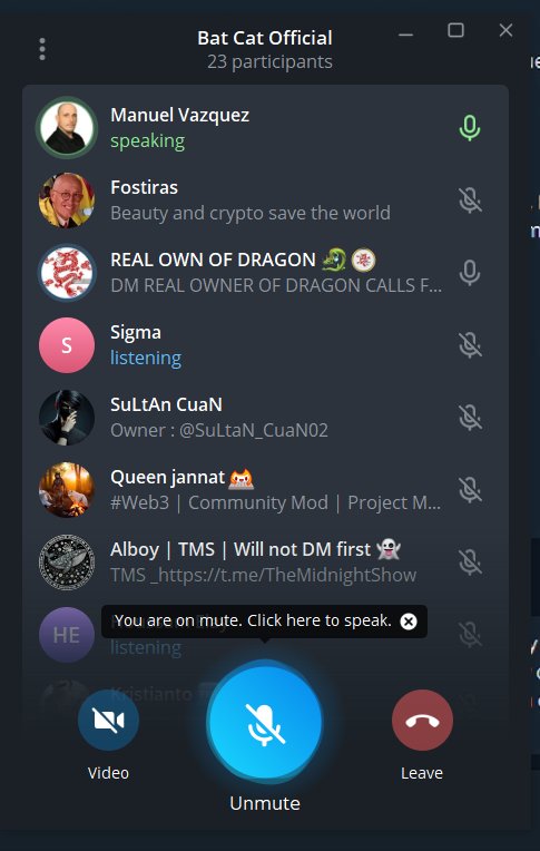🚨 Bat Cat Community Voice Chat is LIVE! 🦇🎙️

Join us now for the latest updates, strategy discussions, and an open AMA session! Be part of the movement against scams and rug pulls!

🔹 Live Updates on Bat Cat's Future Plans
🔹 Marketing &amp; CEX Listings Discussion
🔹 Community