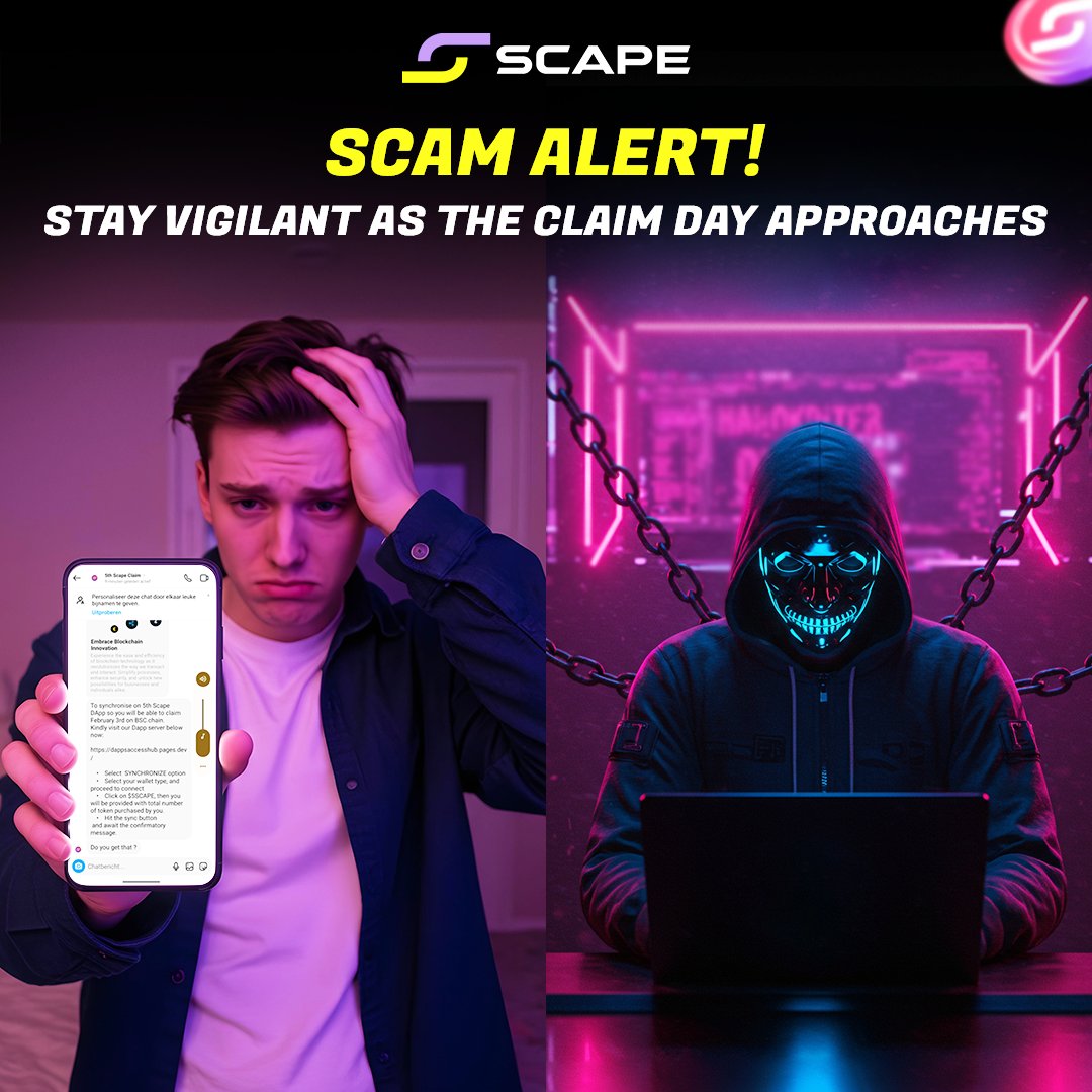 🚨 Scam Alert 🚨 We urge all users to remain cautious of fraudulent links  circulating for 5SCAPE token claims. These deceptive links are unauthorized  and intended to scam users. ⚠️ Important Reminders: