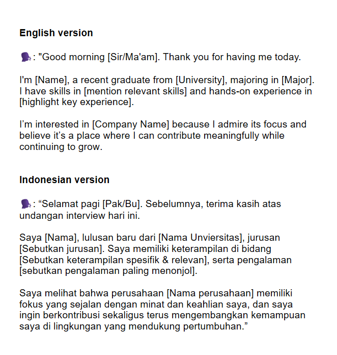 DeallsJobs's tweet photo. Saat perkenalan diri, usakan secara singkat aja, biar gak bertele-tele.   
🕐 Around 5 minutes is ideal

Fokus sama poin-poin ini:
✅ Nama + Latar belakang pendidikan
✅ Skill & pengalaman yang relevan
✅ Alasan melamar

Plus, mention sesuatu yang unik, biar HR gampang ingat sama kamu 😉

Contohnya kayak gini ⬇️