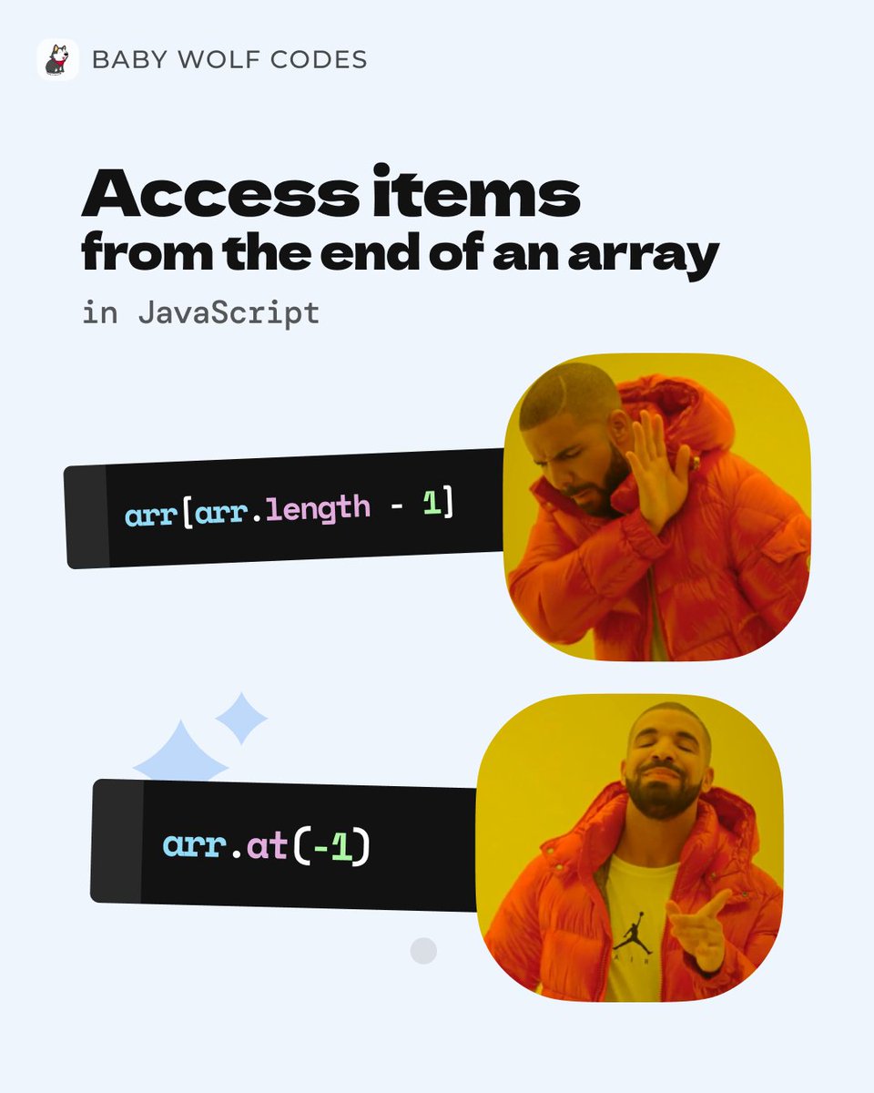 Still using the traditional way to access items from the right end of an array? 🫥

Try the new .at() method. This can be used to access elements from an array similar to [] notation, but negative values can be used to access items from the right end

#javascript #frontend