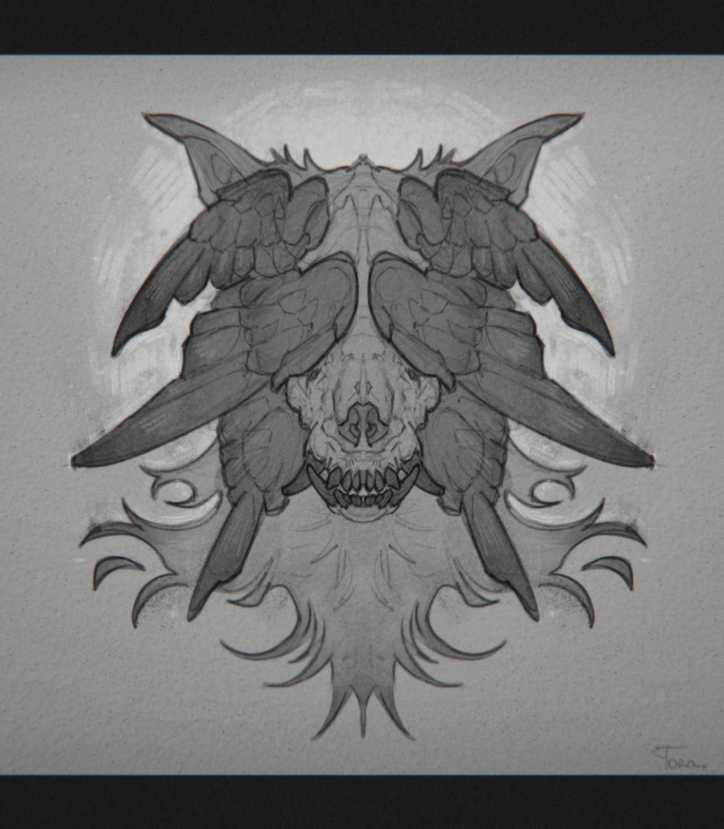 fluffysnake3's tweet photo. Skulldog symmetrical portrait

#furry #furryartwork #wolfskull #skull #skulldog #wings #sketchart https://t.co/E2RI6wKX9F
