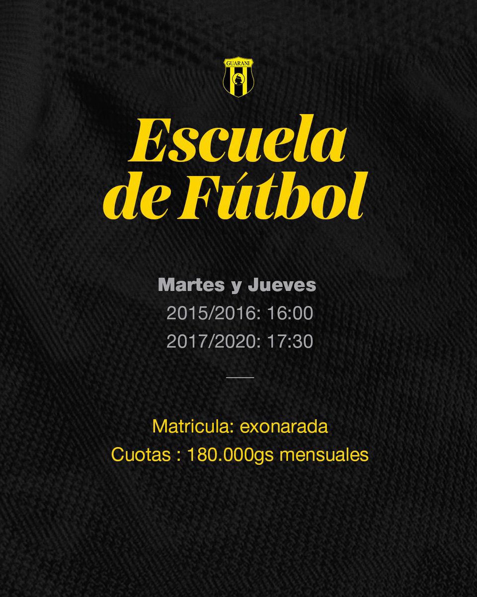 GuaraniEDF's tweet photo. 🗓️ CALENDARIO DE ENTRENAMIENTO

Lugar : ECEME (Caballería)

Informaciones y inscripciones : +595 981 964160

Les esperamos a todos 💛🖤 https://t.co/n67vh5kJtf