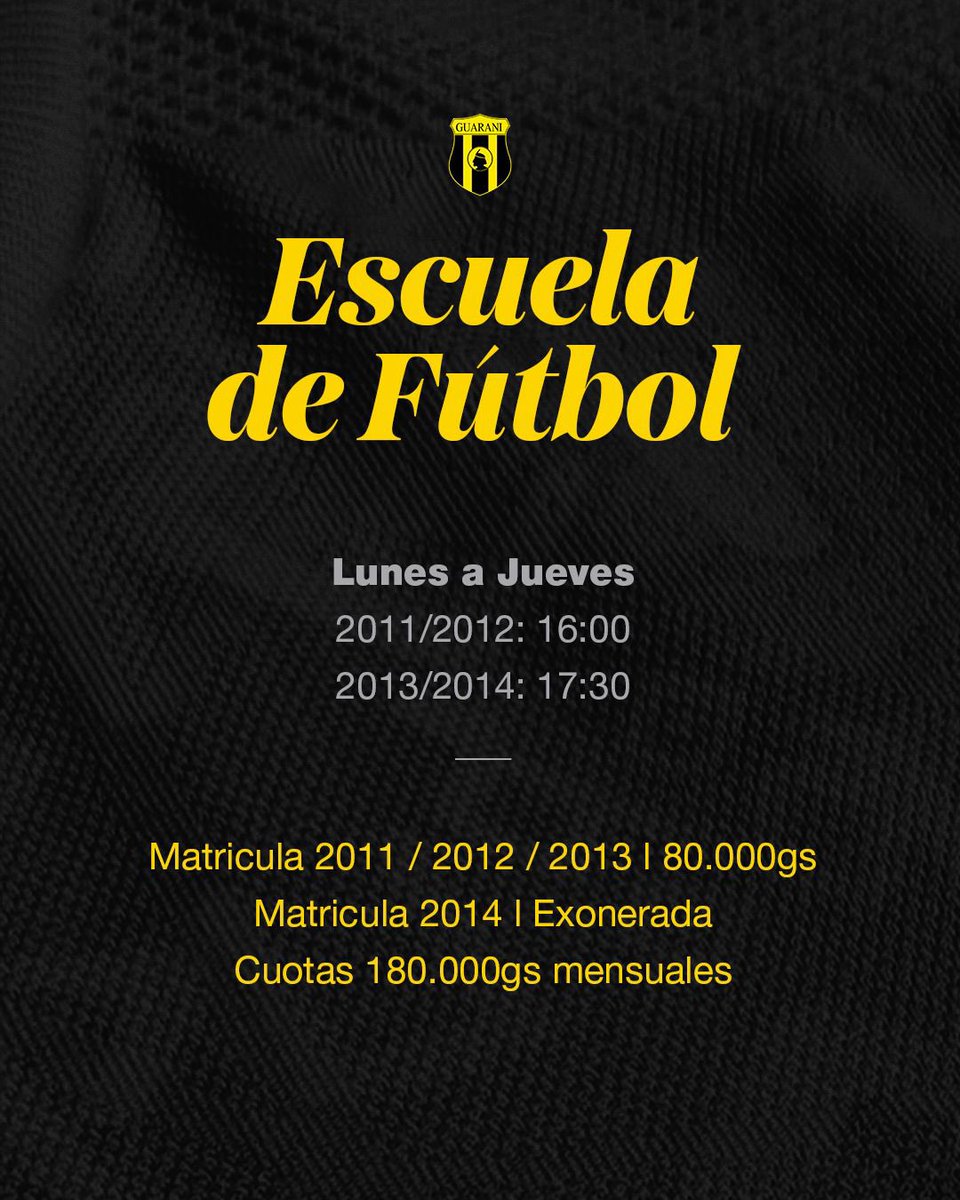 GuaraniEDF's tweet photo. 🗓️ CALENDARIO DE ENTRENAMIENTO

Lugar : ECEME (Caballería)

Informaciones y inscripciones : +595 981 964160

Les esperamos a todos 💛🖤 https://t.co/n67vh5kJtf