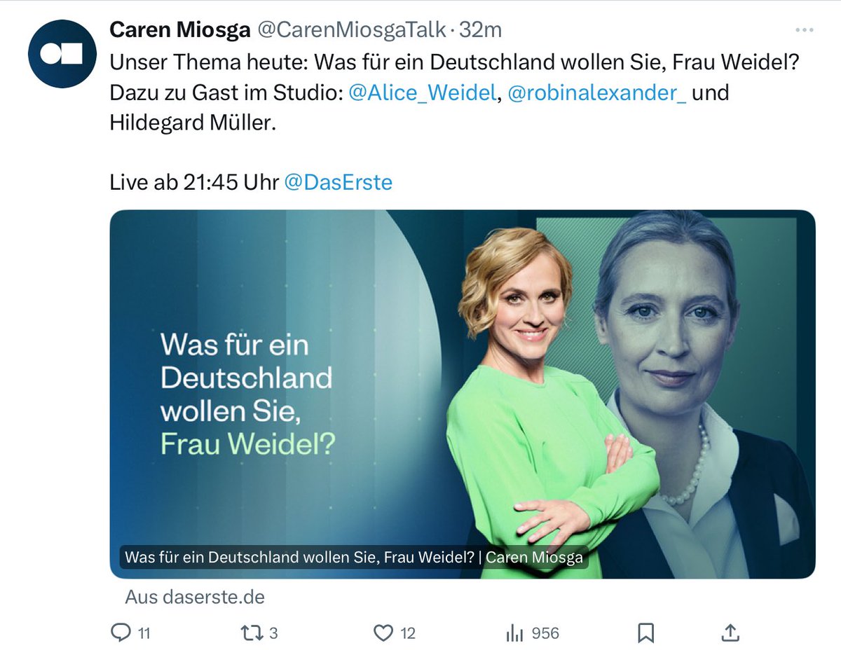 Frau <a href="/CarenMiosga/">Caren Miosga</a>, wir alle wissen, was Rechtsradikale für ein Deutschland wollen. Sie müssen Sie nicht noch einmal danach fragen. Stattdessen sollten Sie sich persönlich fragen: Warum gebe ich solchen Leuten Sendezeit für ihre Propaganda?
#Miosga
