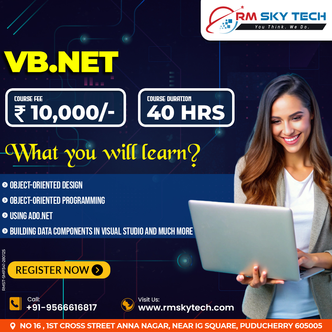 RMSkyTech1's tweet image. VB.NET Course
💻  Course 💻
Course Fee: ₹10,000
Course Duration: 40 Hours
📅 Register Now!
#VBNet #Programming #SoftwareDevelopment #RMTech #LearnToCode #RegisterN