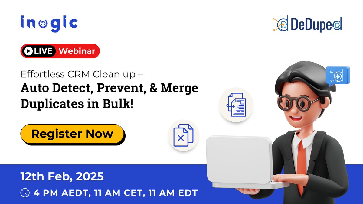inogic's tweet image. Dealing with duplicates in your CRM? Let DeDupeD automatically detect and merge them in bulk! 🔍✨

Join our LIVE webinar to see how it works!
👉 Register here: bit.ly/3CmA5Ps

#DataDuplication #Dynamics365 #CRM #Deduplicate